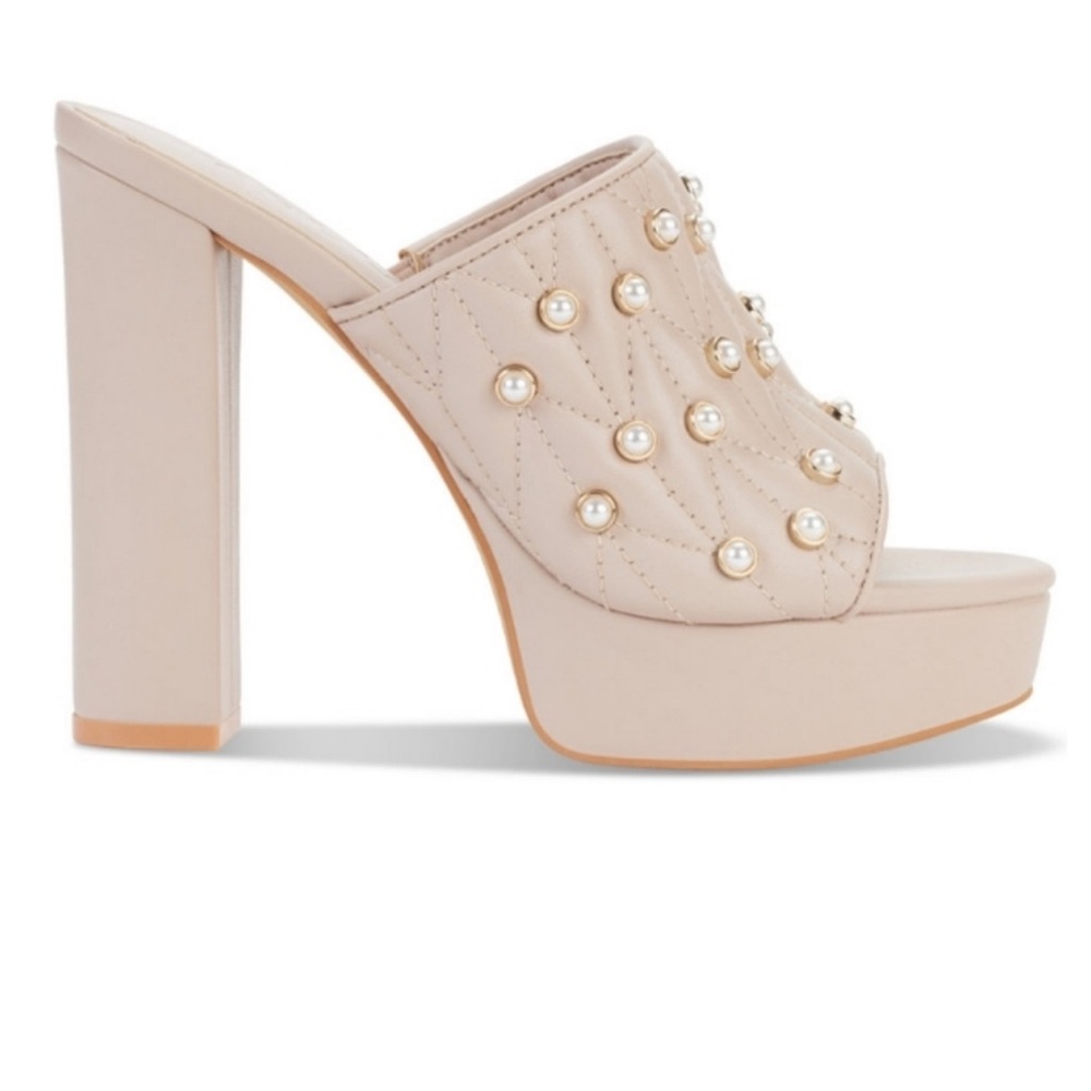 KARL LAGERFELD PARIS Aviva Pearl Embellished Platform Slip On Open Toe -Size 10